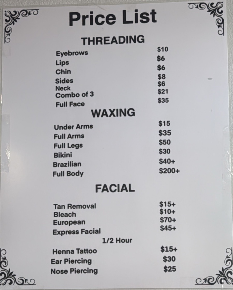 EZ iBrows current threading and waxing price board